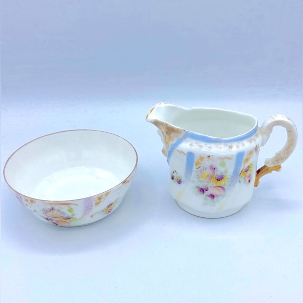 Vintage Fine China Hand Painted Floral Design Creamer And Small Bowl (Sugar?)
